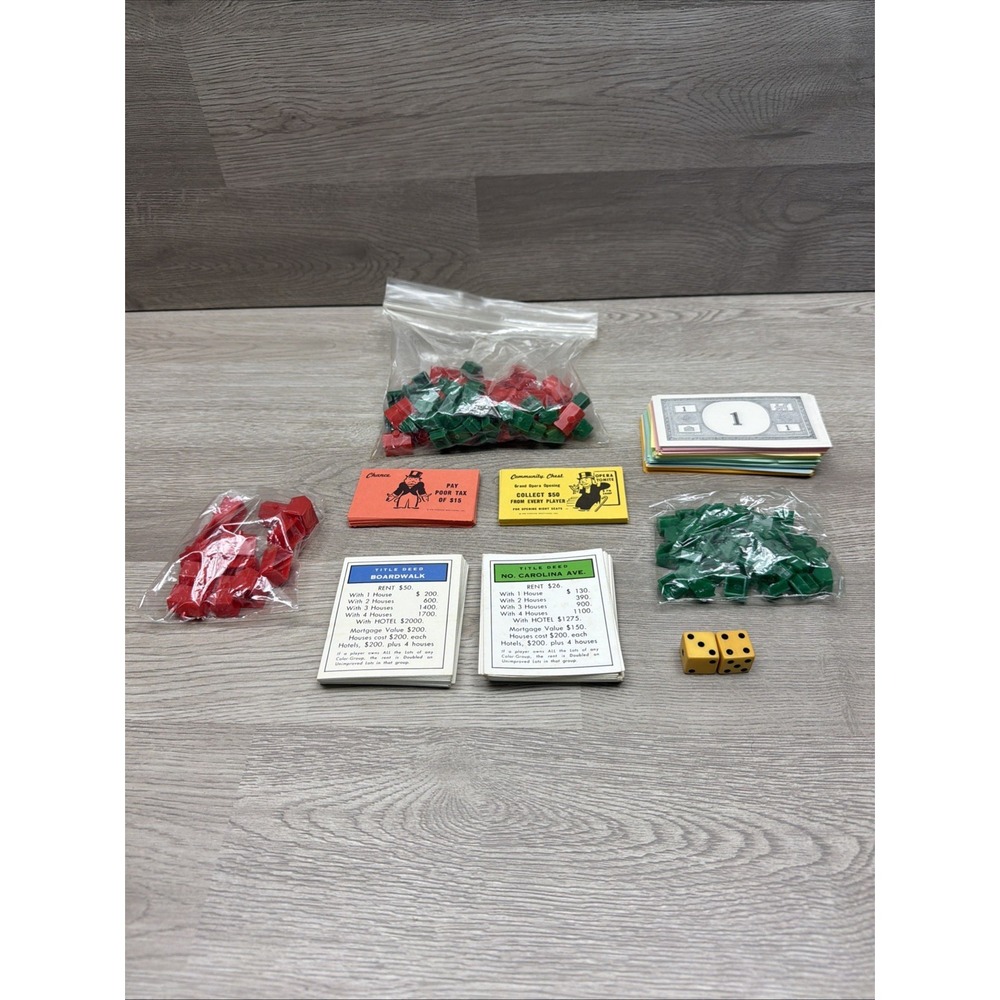 MONOPOLY Board Game Replacement Pieces. Dice, Money, Green&Red Houses, Cards
